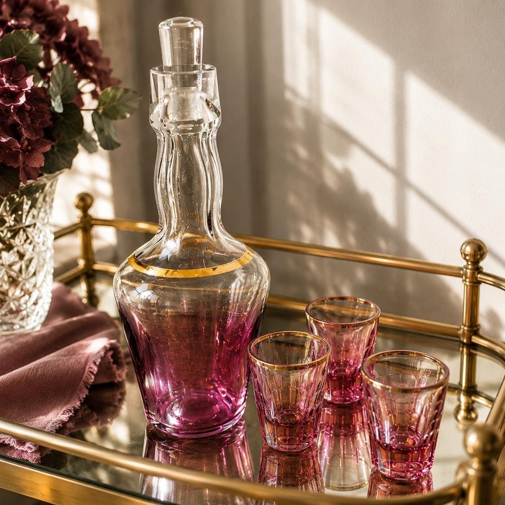 VTG 50s Cranberry Ombre Glass Decanter Set Gold Gilt Pink Amethyst Shot Glasses